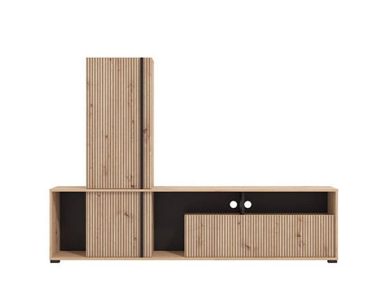 Norrvik Artisan Oak & Matte Black Slatted TV Entertainment Unit |(W × H × D): 195.5 × 139.5 × 33 cm