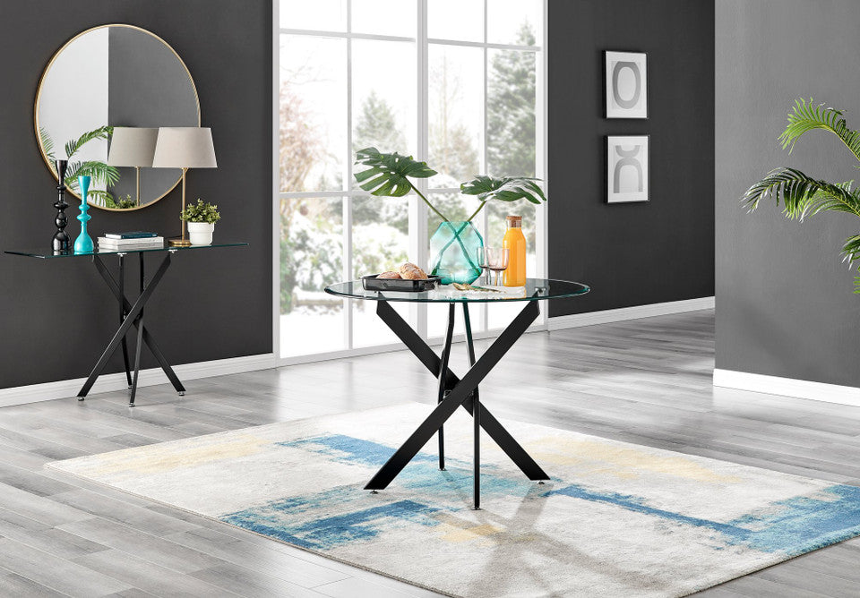 Novara Round Glass and Black Metal 4 Seater Dining Table