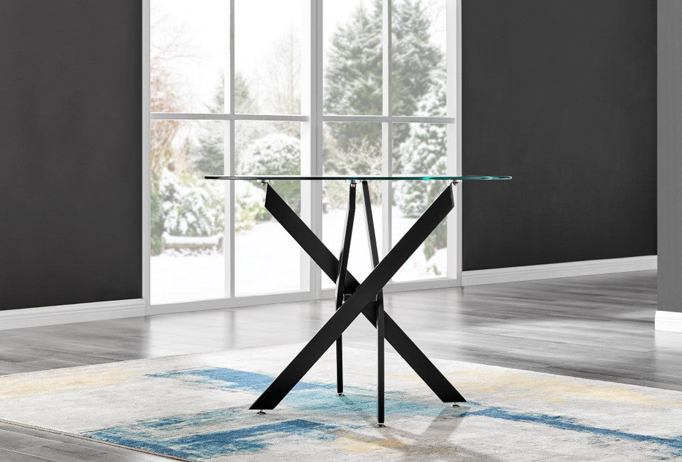 Novara Black Leg Round Glass Dining Table & 4 Corona Black Leg Chairs