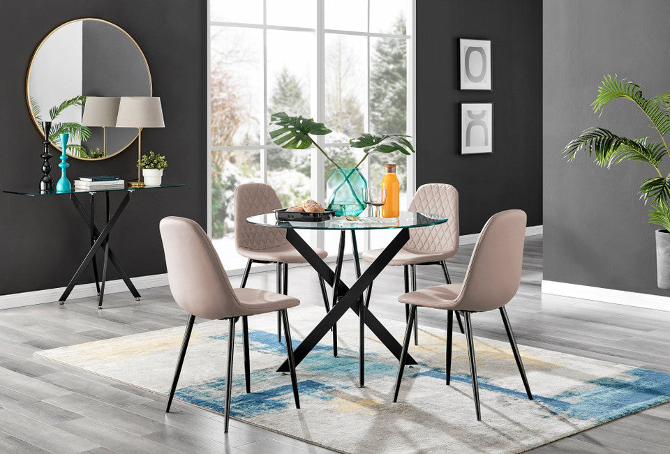 Novara Black Leg Round Glass Dining Table & 4 Corona Black Leg Chairs