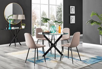 Novara Black Leg Round Glass Dining Table & 4 Corona Black Leg Chairs