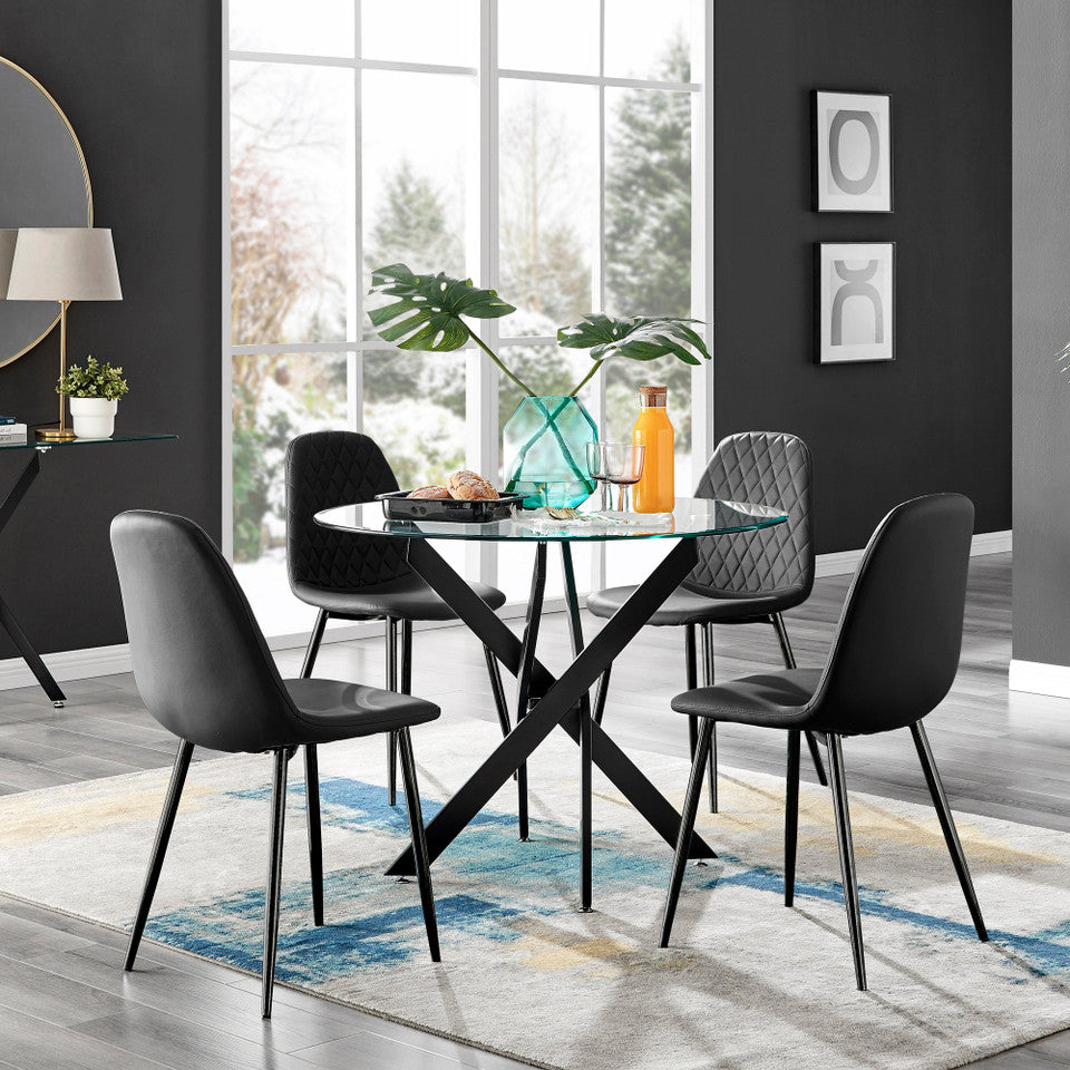 Novara Black Leg Round Glass Dining Table & 4 Corona Black Leg Chairs