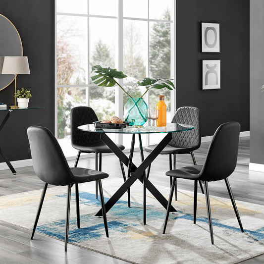 Novara Black Leg Round Glass Dining Table & 4 Corona Black Leg Chairs