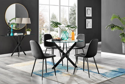 Novara Black Leg Round Glass Dining Table & 4 Corona Black Leg Chairs