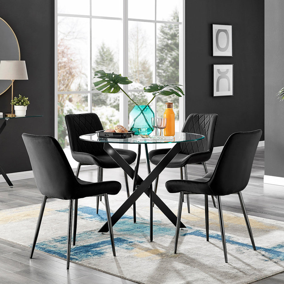 Novara Black Leg Round Glass Dining Table & 4 Pesaro Black Leg Chairs