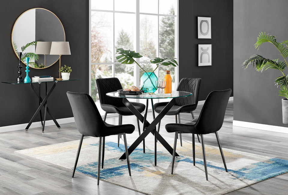 Novara Black Leg Round Glass Dining Table & 4 Pesaro Black Leg Chairs