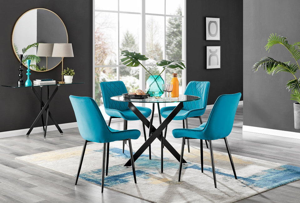 Novara Black Leg Round Glass Dining Table & 4 Pesaro Black Leg Chairs