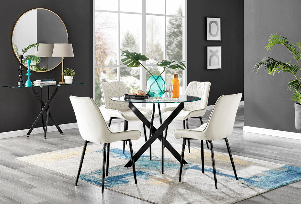 Novara Black Leg Round Glass Dining Table & 4 Pesaro Black Leg Chairs