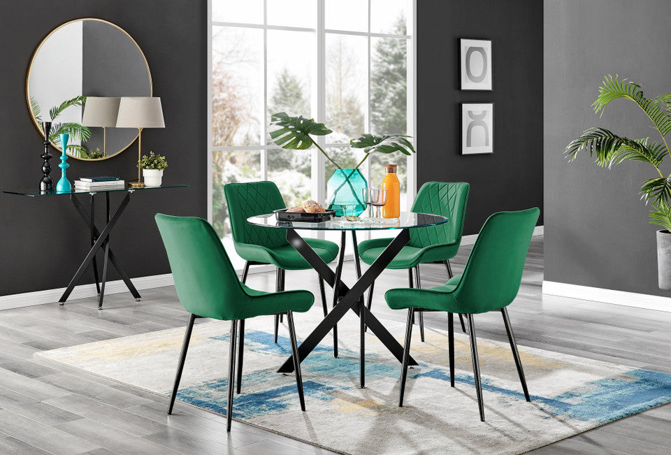 Novara Black Leg Round Glass Dining Table & 4 Pesaro Black Leg Chairs