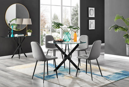 Novara Black Leg Round Glass Dining Table & 4 Corona Black Leg Chairs