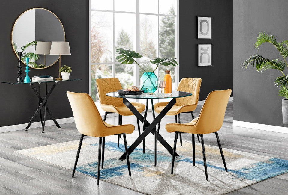 Novara Black Leg Round Glass Dining Table & 4 Pesaro Black Leg Chairs