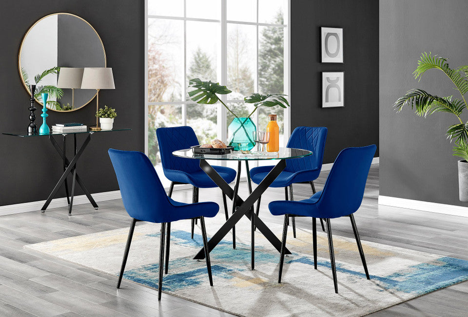 Novara Black Leg Round Glass Dining Table & 4 Pesaro Black Leg Chairs