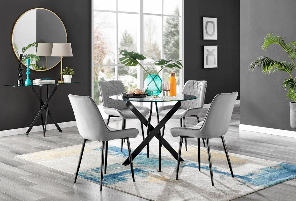 Novara Black Leg Round Glass Dining Table & 4 Pesaro Black Leg Chairs