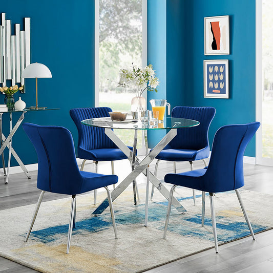 Novara Round Glass Dining Table & 4 Nora Silver Leg Chairs