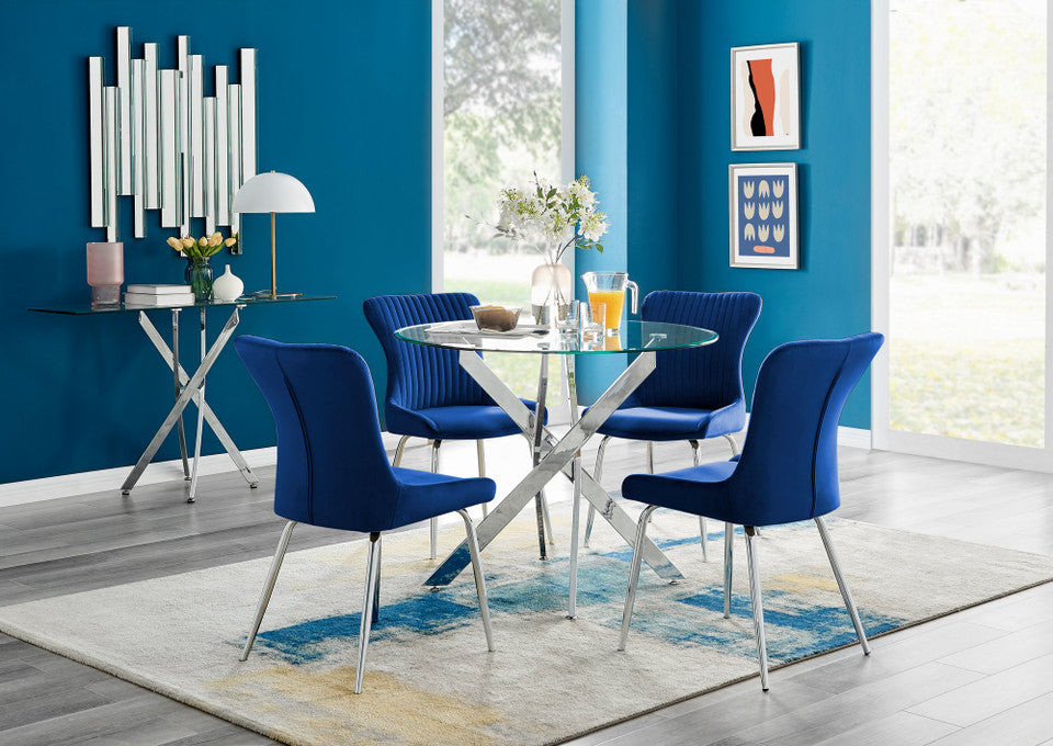 Novara Round Glass Dining Table & 4 Nora Silver Leg Chairs