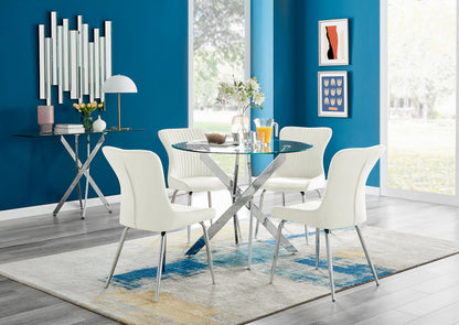 Novara Round Glass Dining Table & 4 Nora Silver Leg Chairs