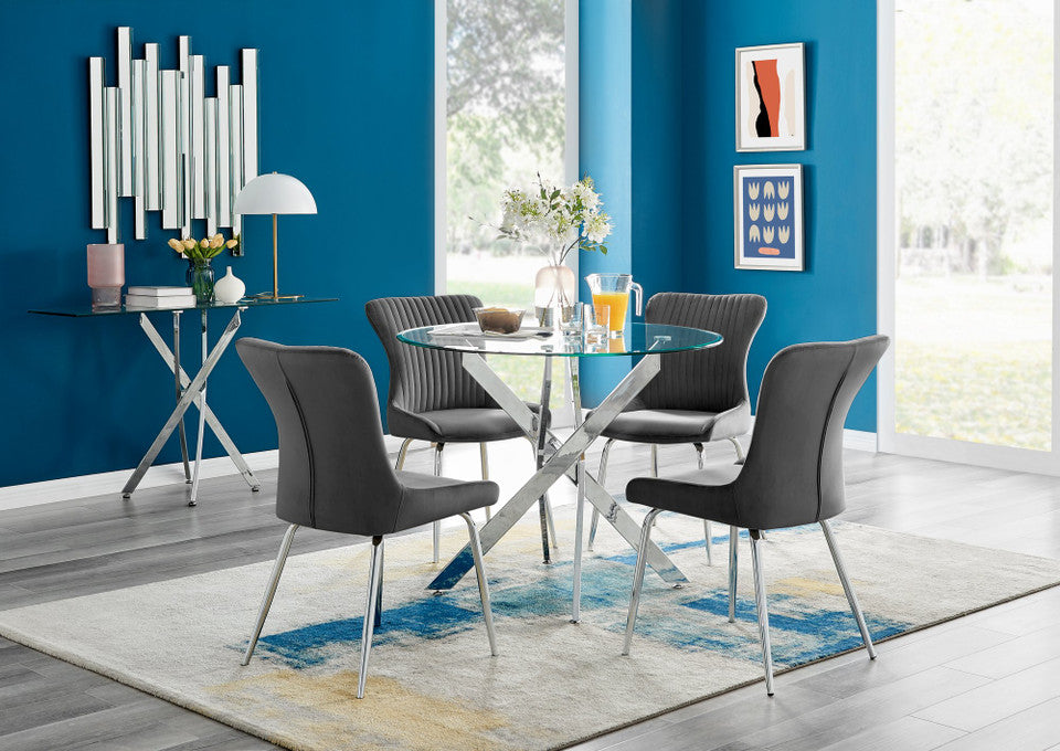 Novara Round Glass Dining Table & 4 Nora Silver Leg Chairs