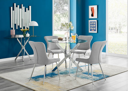 Novara Round Glass Dining Table & 4 Nora Silver Leg Chairs