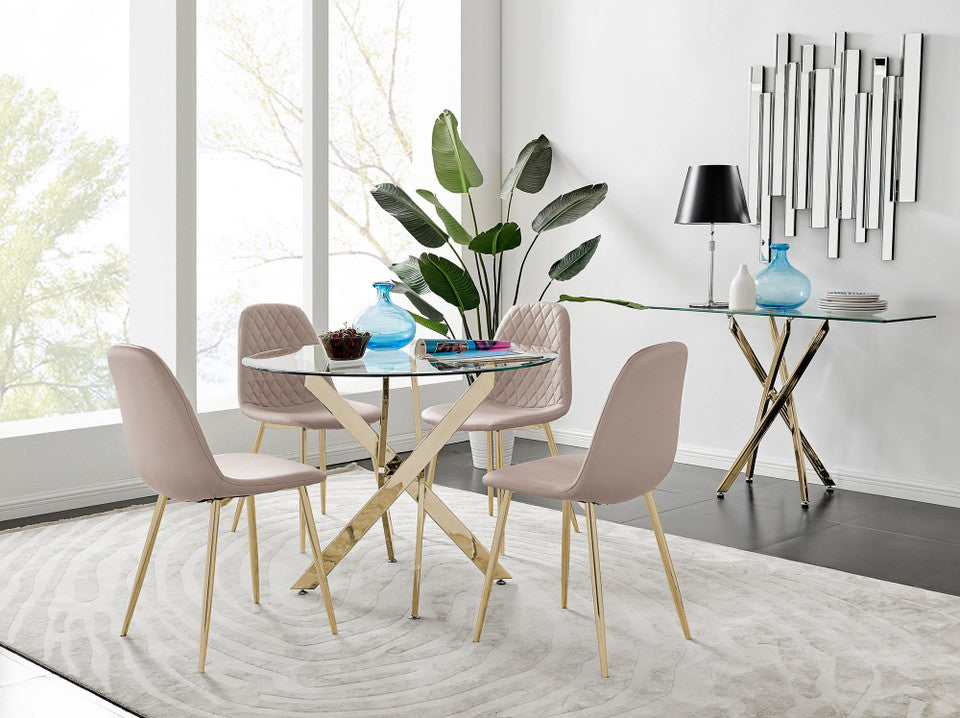 Novara Gold Metal 100cm Round Glass Dining Table And 4 Corona Gold Dining Chairs