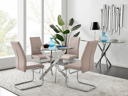Novara Chrome Metal 100cm Round Glass Dining Table And 4 Lorenzo Dining Chairs