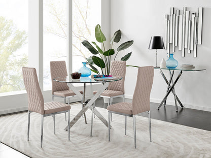 Novara Chrome Metal And Glass 100cm Round Dining Table And 4 Milan Dining Chairs Set
