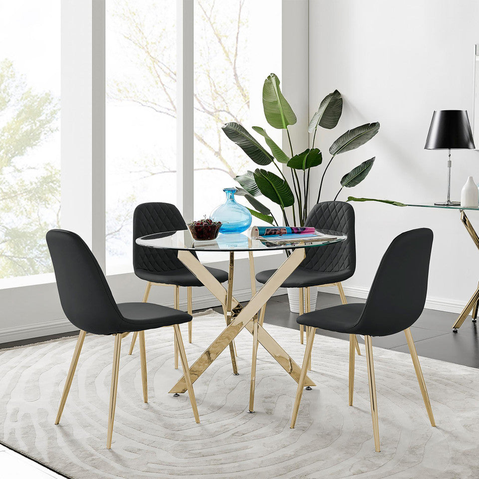 Novara Gold Metal 100cm Round Glass Dining Table And 4 Corona Gold Dining Chairs