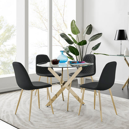 Novara Gold Metal 100cm Round Glass Dining Table And 4 Corona Gold Dining Chairs