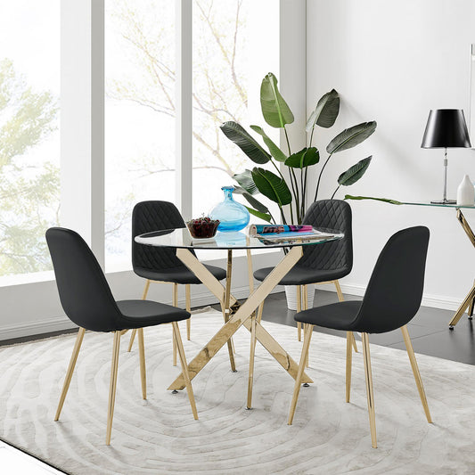 Novara Gold Metal 100cm Round Glass Dining Table And 4 Corona Gold Dining Chairs