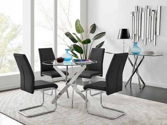 Novara Chrome Metal 100cm Round Glass Dining Table And 4 Lorenzo Dining Chairs