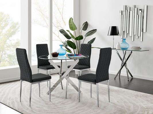 Novara Chrome Metal And Glass 100cm Round Dining Table And 4 Milan Dining Chairs Set