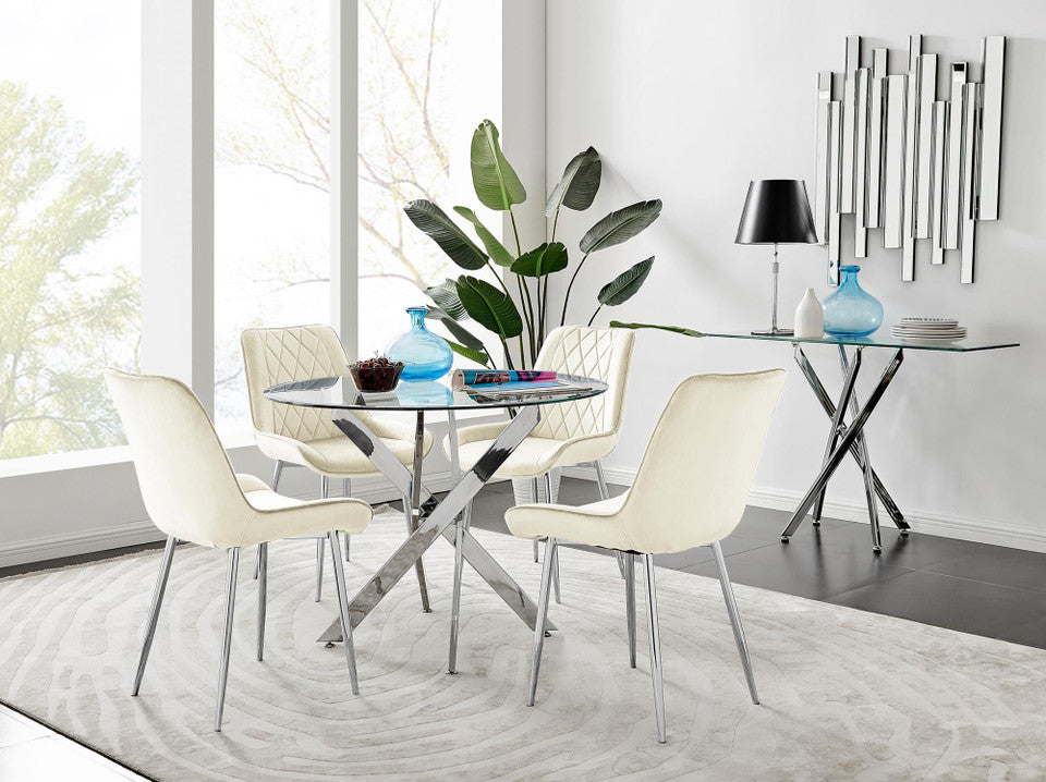 Novara 100cm Round Dining Table and 4 Pesaro Silver Leg Chairs