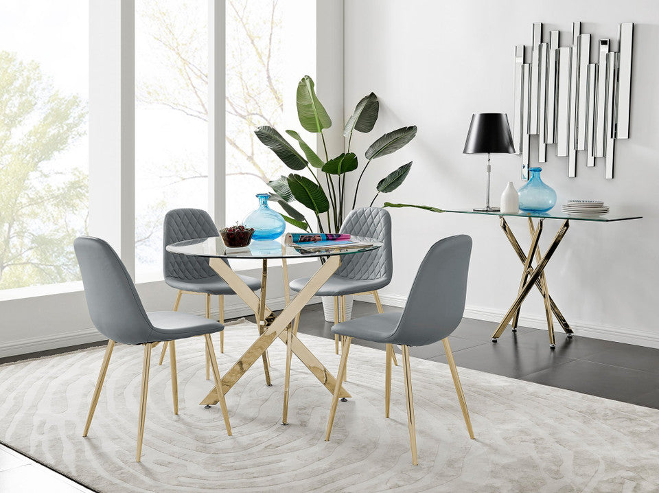 Novara Gold Metal 100cm Round Glass Dining Table And 4 Corona Gold Dining Chairs