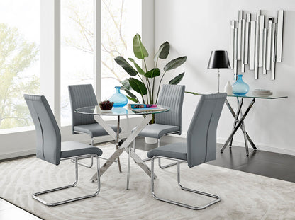 Novara Chrome Metal 100cm Round Glass Dining Table And 4 Lorenzo Dining Chairs