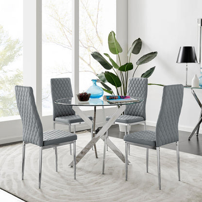 Novara Chrome Metal And Glass 100cm Round Dining Table And 4 Milan Dining Chairs Set