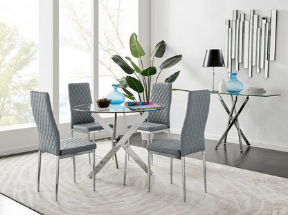 Novara Chrome Metal And Glass 100cm Round Dining Table And 4 Milan Dining Chairs Set