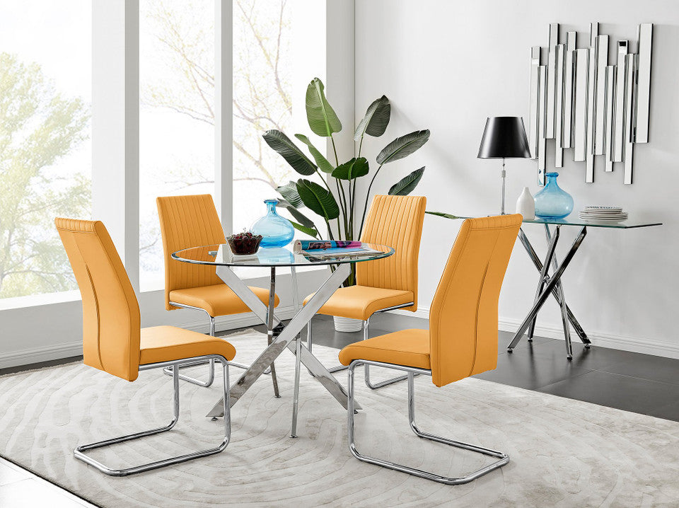 Novara Chrome Metal 100cm Round Glass Dining Table And 4 Lorenzo Dining Chairs
