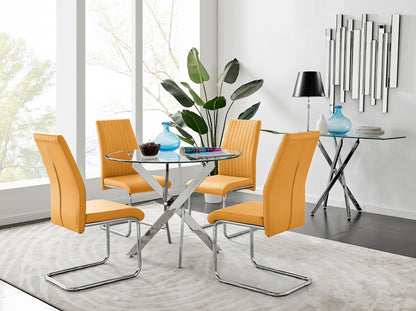 Novara Chrome Metal 100cm Round Glass Dining Table And 4 Lorenzo Dining Chairs