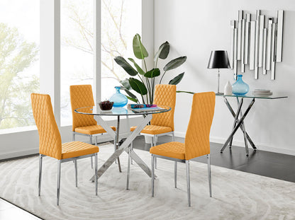 Novara Chrome Metal And Glass 100cm Round Dining Table And 4 Milan Dining Chairs Set