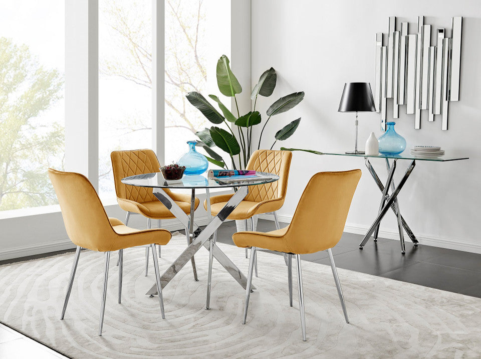Novara 100cm Round Dining Table and 4 Pesaro Silver Leg Chairs