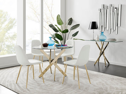 Novara Gold Metal 100cm Round Glass Dining Table And 4 Corona Gold Dining Chairs