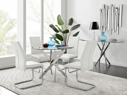 Novara Chrome Metal 100cm Round Glass Dining Table And 4 Lorenzo Dining Chairs
