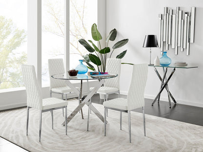 Novara Chrome Metal And Glass 100cm Round Dining Table And 4 Milan Dining Chairs Set