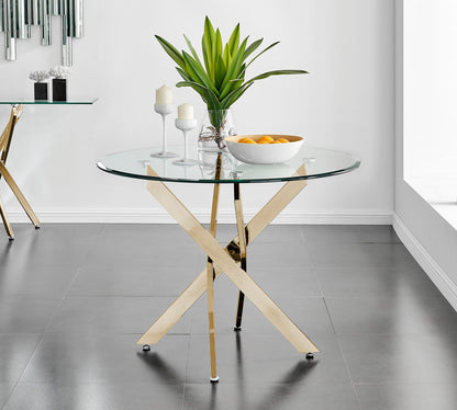 Novara Gold Metal 100cm Round Glass Dining Table And 4 Corona Gold Dining Chairs