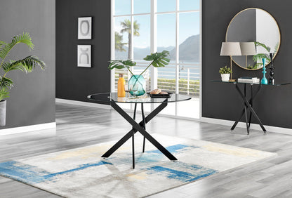 Novara Black Leg 120cm Round Glass Dining Table & 4 Milan Black Leg Chairs