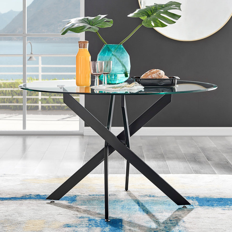 Novara Round Glass and Silver Metal 6 Seater Dining Table