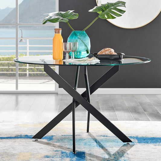 Novara Round Glass and Silver Metal 6 Seater Dining Table