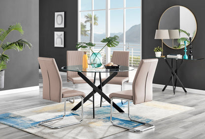 Novara Black Leg 120cm Round Glass Dining Table & 4 Lorenzo Chairs