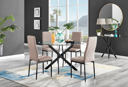 Novara Black Leg 120cm Round Glass Dining Table & 4 Milan Black Leg Chairs