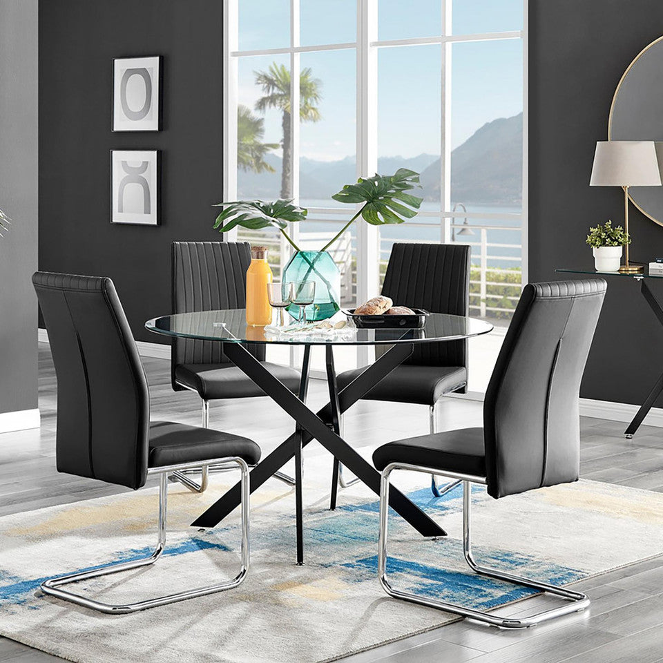Novara Black Leg 120cm Round Glass Dining Table & 4 Lorenzo Chairs