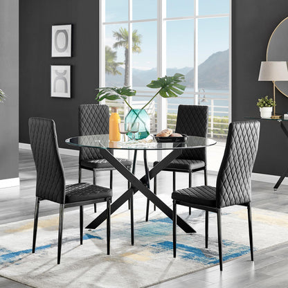 Novara Black Leg 120cm Round Glass Dining Table & 4 Milan Black Leg Chairs